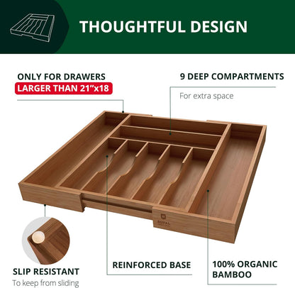 ROYAL CRAFT WOOD Luxury Bamboo Kitchen Drawer Organizer - Silverware Organizer - Utensil Holder and Cutlery Tray with Grooved Drawer Dividers for Flatware and Kitchen Utensils (9 Slot, Brown Bamboo)