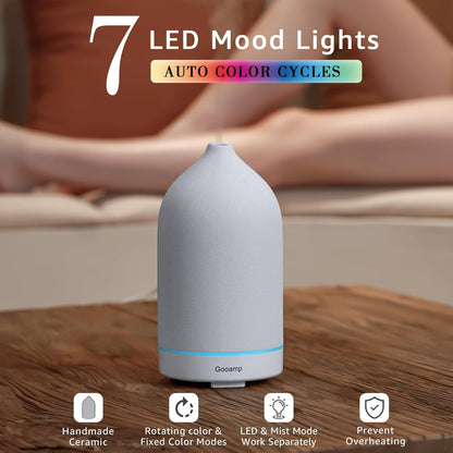 200ML Ceramic Essential Oil Diffuser - Ultrasonic Aromatherapy & Humidifier with 7-Color LED Lights, Auto Shut-Off, White, 1H/3H/6H Timer | Scent for Home,Office,Yoga