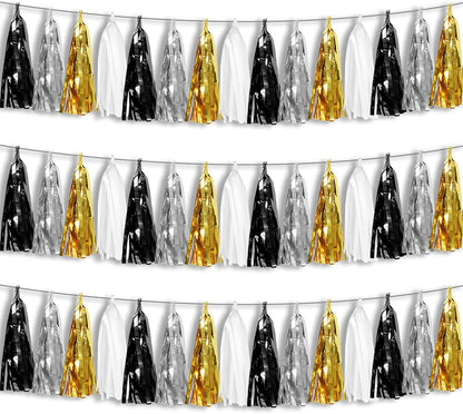 3P Black Gold Silver Foil Fringe Metallic Tassel Garland, Tassels Banner Streamers for Parade Floats, Bachelorette, Wedding, Birthday, Halloween, Christmas, Bridal/Baby Shower Party Decorations