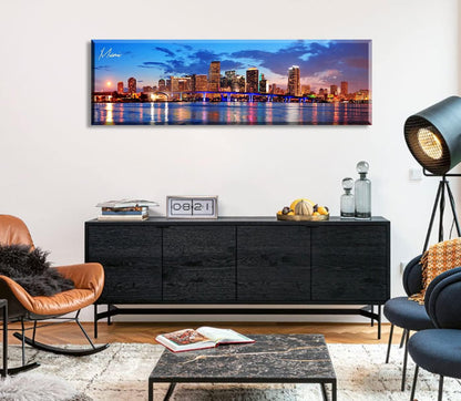 Office Wall Decor Miami Skyline Wall Art Panoramic Cityscape Picture Modern USA City Night View Canvas Prints for Bedroom Living Room Home Decoration Stretched and Framed Ready to Hang 13.8"x45.3"