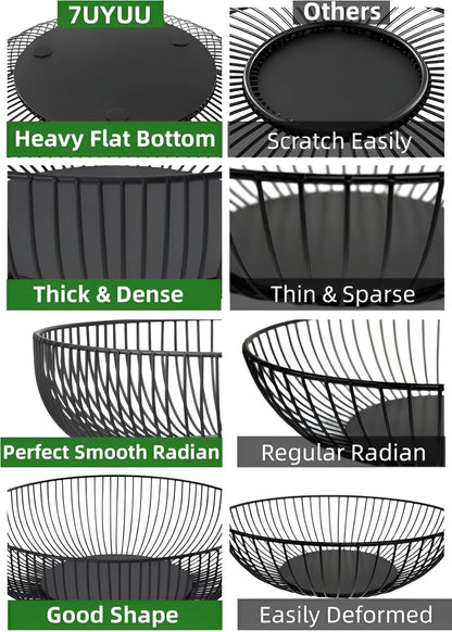 Fruit Bowl for Kitchen Counter, Black Wire Fruit Bowl, Metal Countertop Fruit Basket, 11 Inches Round Holder for Lemon, Banana, Candy, Snack in Office (Round C)