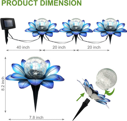 LEWIS&WAYNE Solar Garden Lights Outdoor, 3 Pcs Blue Lotus Flower Pathway Lamps with Cool White Crackle Glass Globe Led Lights for Patio Pathway Yard Balcony Garden Decorations