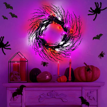 7 Ft 63 LED Halloween Willow Vine Twig Garland with 8 Modes Timer Orange Purple White Lights,7 Pumpkin Bat Ghost, Garland with Battery Operated for Wall Fireplace Halloween Decorations