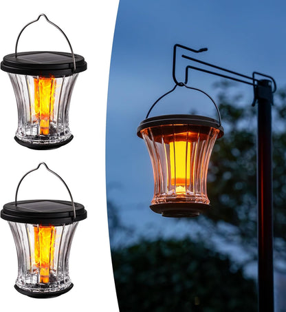 Glass Solar Lantern Outdoor Lights Waterproof, Flickering Flame Solar Lights with Modular Design, Auto On/Off Decorative Hanging Lanterns for Patio Garden Pathway Camping Deck Yard (2 Pack)