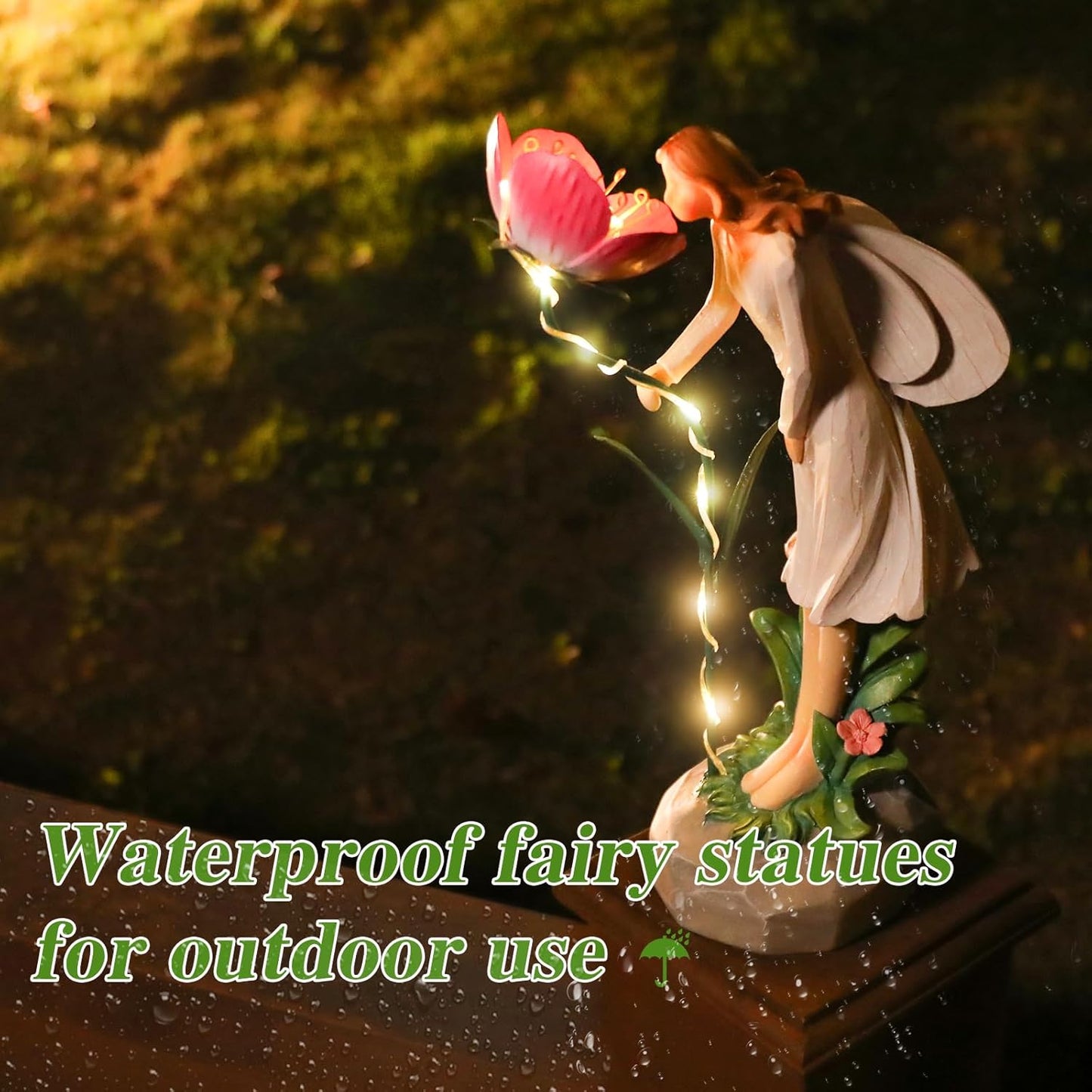 Fairy Garden Statue Outdoor Decor, Solar Powered Garden Sculptures Fairy Resin Statues Waterproof Pink Flower Solar LED Lights Yard Art Decorations for Outside Patio Lawn Decor