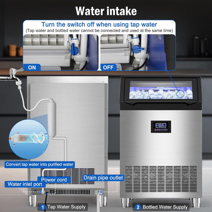 Commercial Ice Maker Machine 350 LBS/24H, 136 Ice Trays Freestanding & Undercounter Ice Machine Stainless Steel with 60 LBS Ice Storage Capacity, Ice Maker with Water Line and Filter, Dual Water Inlet