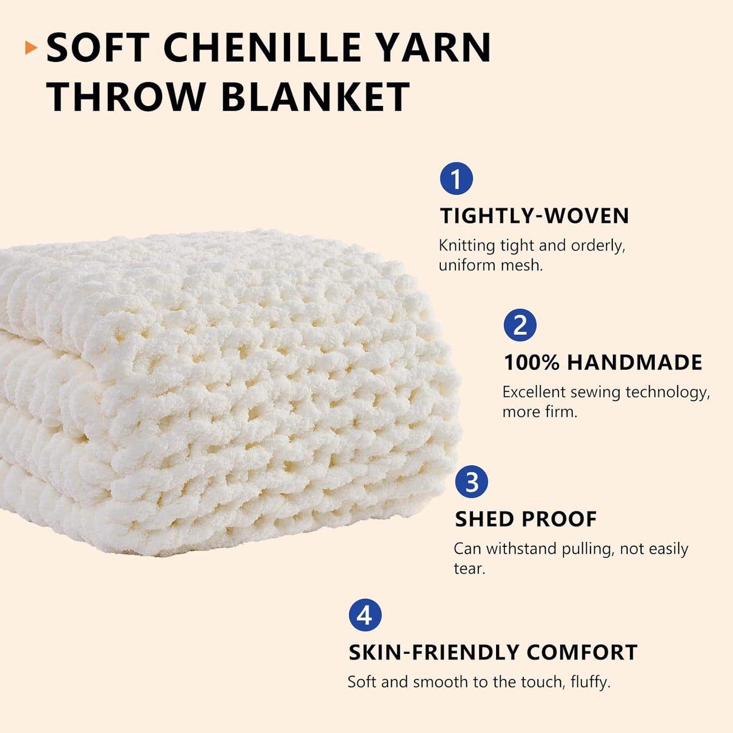 L'AGRATY Chunky Knit Blanket Throw: Soft Chenille Yarn Throw Blanket 50x60 - Handmade Thick Cable Crochet Blanket - Large Chunky Rope Throw Blanket for Couch Sofa Bed Home Decor(Cream White)
