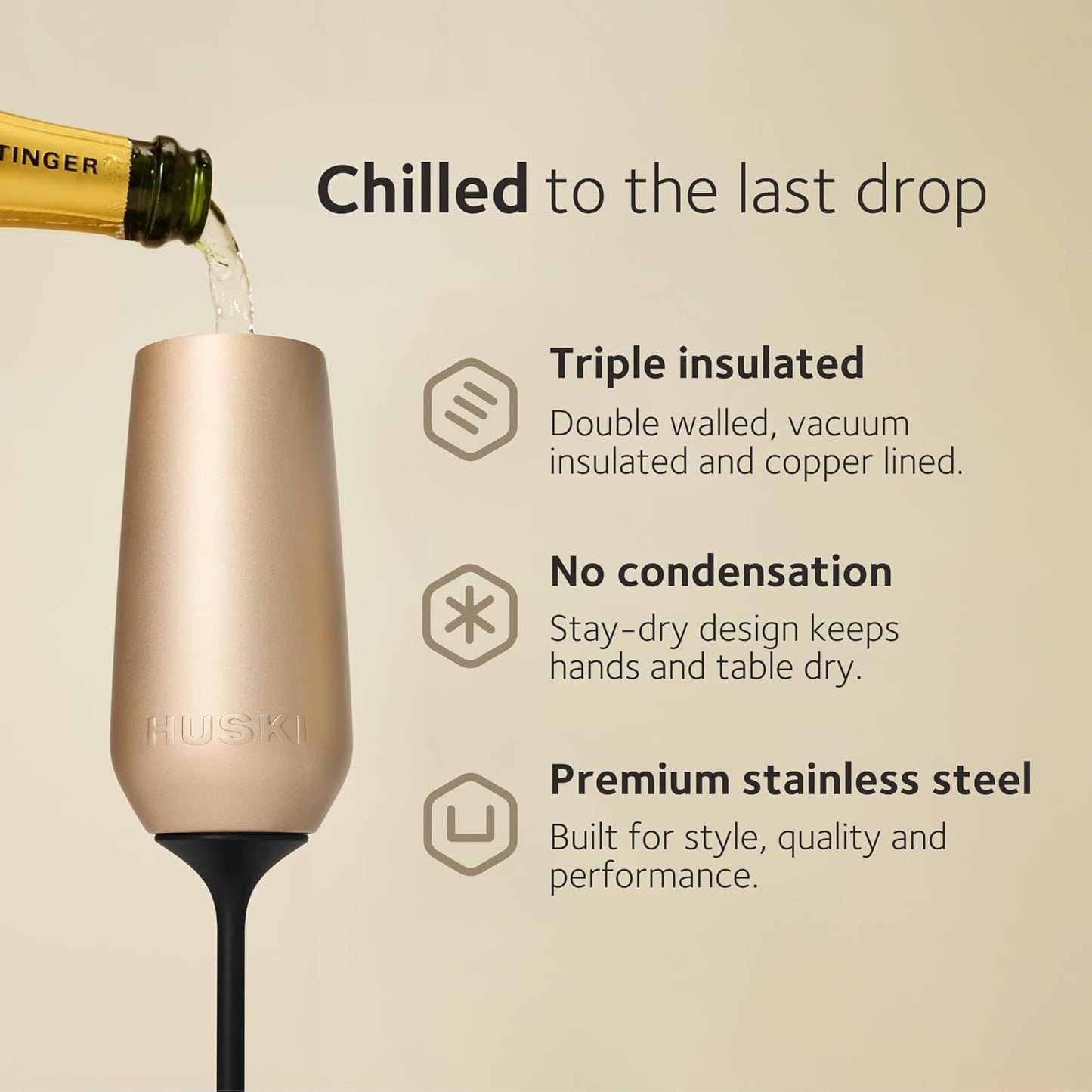 Huski Champagne Flute | NEW | Award-winning Design with Detachable Stem | Premium Stainless Steel Champagne Glass with Lid | Triple Insulated Tumbler | 8oz Capacity | Great Gift (Stone Grey)