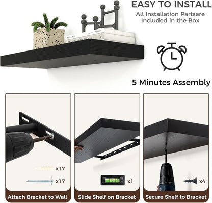 Floating Shelves for Wall, Large Wall Mounted Shelves with Invisible Brackets, Long Wood Floating Shelf for Living Room, Bedroom, Kitchen, (Black, 72" W x 9" D x 1.5" H)