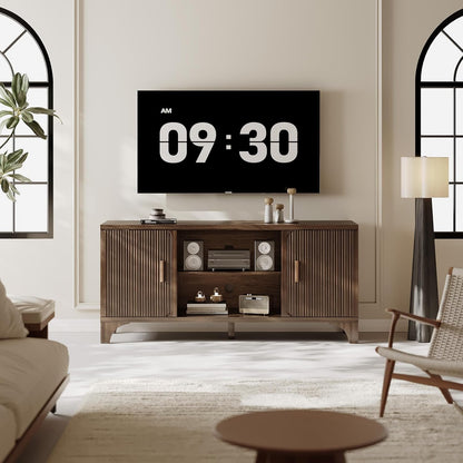 Tall Mid Century Modern TV Stand for 55/65 Inches Television, TV Console with Fluted Doors and Storage, Entertainment Center for Living Room and Bedroom, Dark Brown