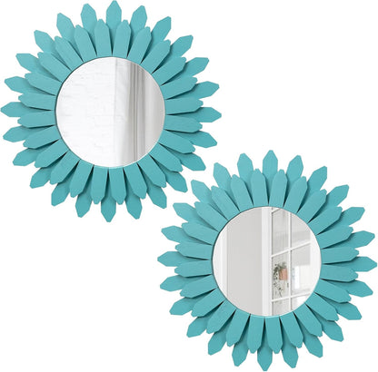 Honiway Beach Wall Decor Mirror 2 Pack 12 inch Wood Coastal Wall Decor Sunburst Boho Home Decor Room Decor for Bedroom Living Room Entryway Cyan