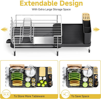 Dish Drying Rack, Expandable Stainless Steel Dish Rack with Drainboard Set Kitchen Sink Organizer for Counter, Large Capacity Kitchen Accessories, Smooth Water Flow