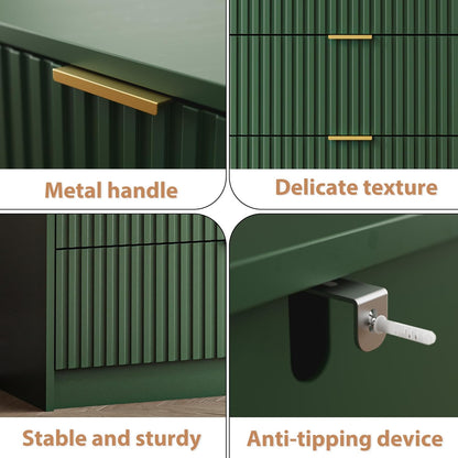 Green 7 Drawer Dresser for Bedroom, Modern Fluted Dresser with Gold Metal Handles, Wide Chest of Drawers for Bedroom, Living Room, Entryway, Hallway, 55.9" L x 15.7" D x 31.4" H