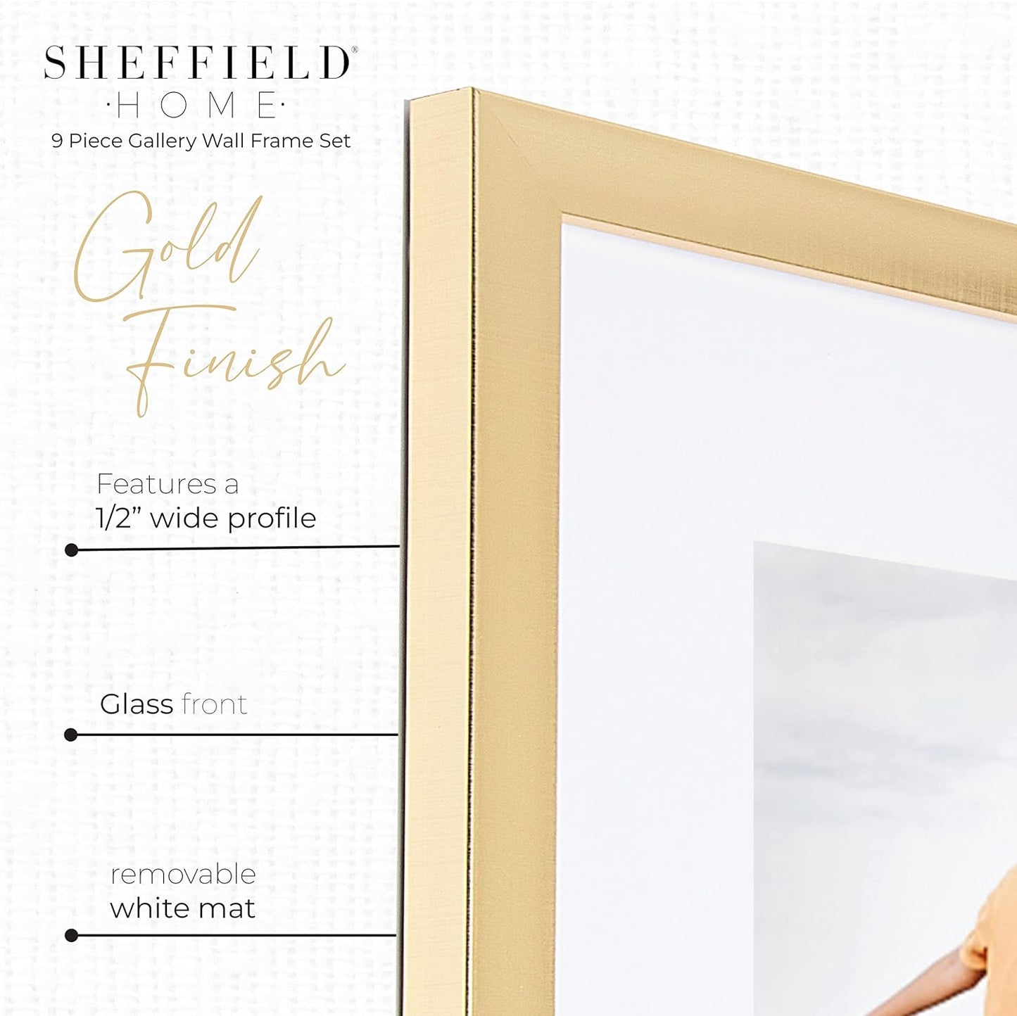 Sheffield Home 9 Piece Gallery Wall Frame Set, 12x12 in. Matted to 8x8 in. (Gold)