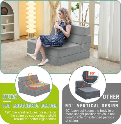 jela Foldable Sofa Bed Soft Foam Convertible Sleeper Chair Luxury Miss Fabric Fold Out Chair Bed Floor Couch with Back Support Floor Sofa for Living Room Bedroom (83"x33",Light Grey)