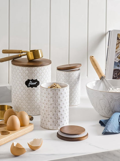 LE TAUCI Food Storage Containers with Airtight Lids, 78/25 oz Ceramic Sugar Canisters Sets, Embossed Large Jars for Pasta, Oats, Coffee Bean, Cookies, Rice, Grains, Tea - Set of 2, Clover