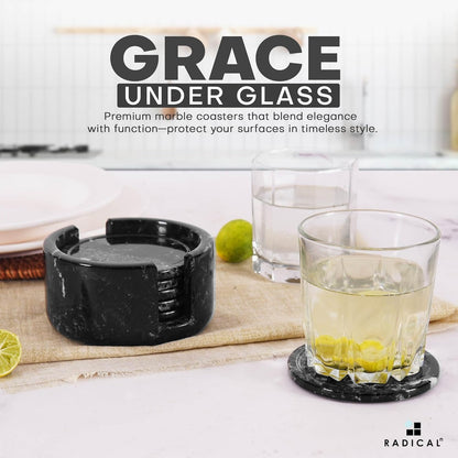 Marble Coasters Set of 6 Black 3.5 Inch Round Coaster for Drinks with Holder, Drink Coaster for Tabletop & Coffee Table Decor, Ideal Home Decor House Warming Gifts