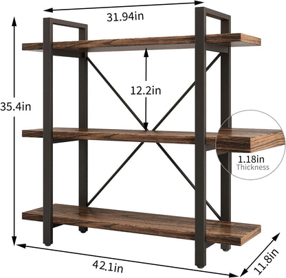 3 Tier Bookshelf Modern Rustic Open Bookshelf Office Solid Wood Bookcase and Book Shelves Wood and Metal Shelving Unit,Distressed Brown (AY-02-3Tier)