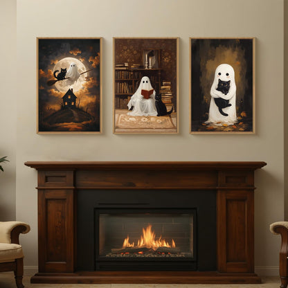 HPNIUB Halloween Ghost Framed Canvas Wall Art Set, Funny Black Cat Poster Artwork, Vintage Spooky Wall Decor, Dark Academia Moon Pictures for Bedroom Living Room Bathroom-16 x24 x3