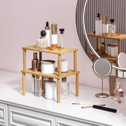 Cabinet Organizer Shelf(Set of 2),Kitchen Counter Shelves,Bamboo Stackable Expandable Spice Rack Countertop(Medium)