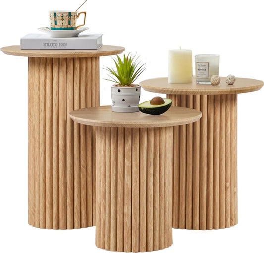 Round Nesting Coffee Table Set of 3,Mid Century Modern Fluted Coffee and End Table Set,Small Circle