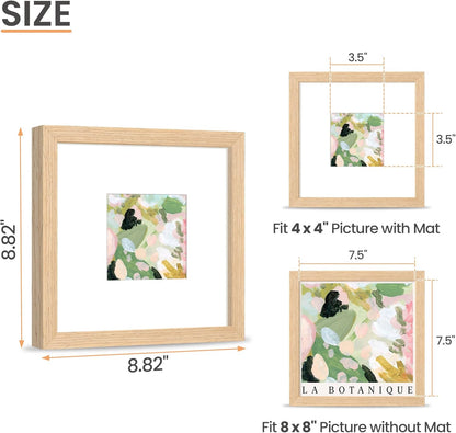 upsimples 8x8 Picture Frames, Natural Solid Wooden Picture Frames, Display 4x4 with Mat or 8 x 8 Without Mat, Wall or Tabletop, 1 Pack, Natural