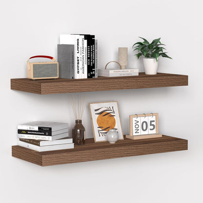 Fun Memories Floating Shelves - 24 Inch Rustic Wooden Wall Shelves - Extra Deeper & Thicker Wall Mounted Storage Shelf for Living Room, Kitchen, Farmhouse - 24"x 9"x 1.6" 2Pack, Walnut