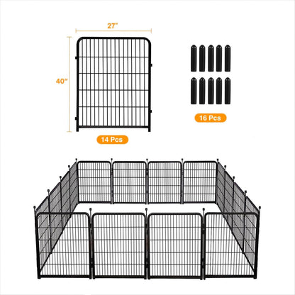 Doorless Animal Barrier Fence, 40in(H) 14 Panels Total 31 Ft(L), Garden Fences and Borders for Dogs, Anti Dig Fence Barrier, Black Metal Decorative Garden Fencing, Flower Bed Fencing