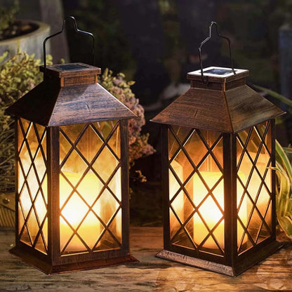 [2 Pack] TAKE ME 14" Solar Lantern Outdoor Garden Hanging Lantern Waterproof LED Flickering Flameless Candle Mission Lights for Table,Outdoor，Mothers Day Gifts Mom Wife