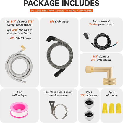 Roastove Universal Dishwasher Installation Kit,6 Ft Stainless Steel Dishwasher Hose,Burst Proof Water Supply Line with 3/8" Compression Connections,With a 6 feet drain hose and a clamp, one set