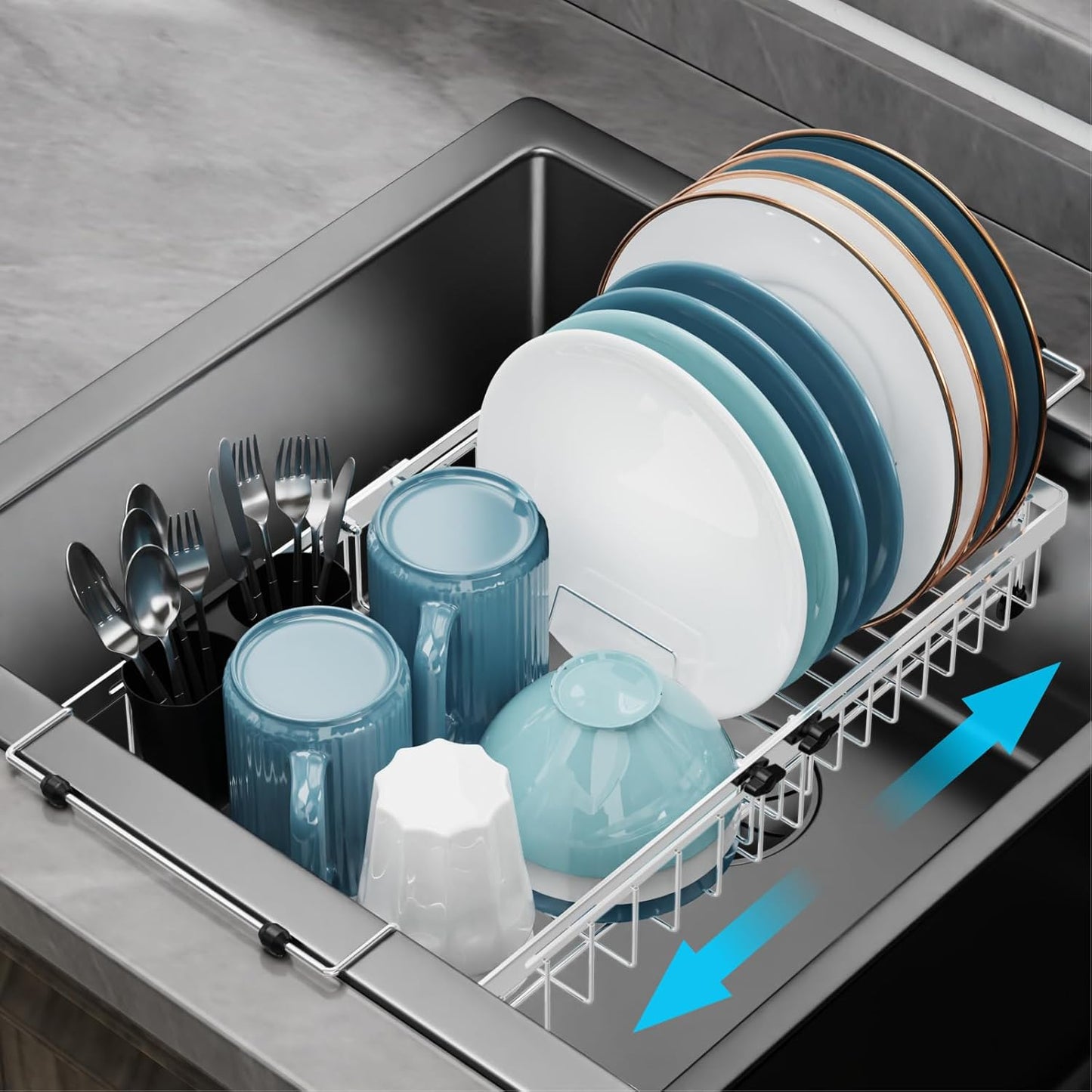 GSlife Expandable in Sink Dish Drying Rack - Stainless Steel Capacity Adjustable Over The Sink Dish Rack (13.4''-20.4''), Dish Drainer for Kitchen Sink Counter with Utensil Holder, Silver