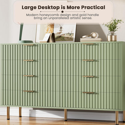 8 Drawer Dresser for Bedroom, Fluted 55" Wide Modern Chest of Drawers with Deep Drawers, Wooden Dresser Organizer for Living Room, Hallway, Kids Room, Green