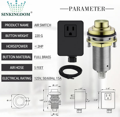 SinkTop Air Switch Kit with Brass Gold Long Button (Full Brass) for Garbage Disposal,without cabel