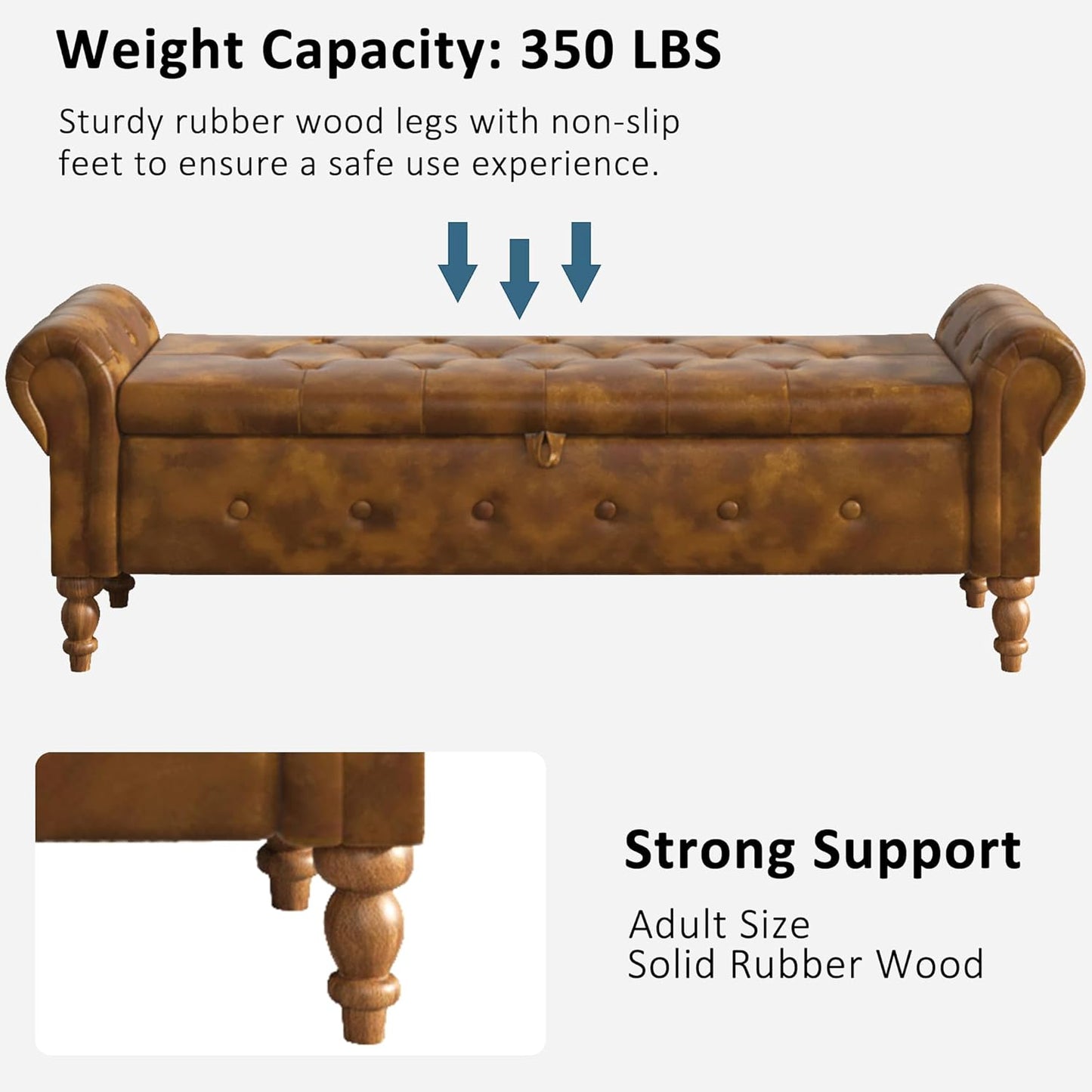 Storage Ottoman Bench for Bedroom, 52" Leather End of Bed with Rolled Arms, Upholstered Ottoman Fit for Living Room, Entryway, Faux Leather Brown