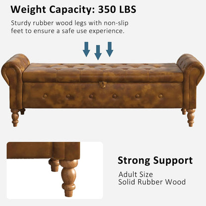 Storage Ottoman Bench for Bedroom, 52" Leather End of Bed with Rolled Arms, Upholstered Ottoman Fit for Living Room, Entryway, Faux Leather Brown