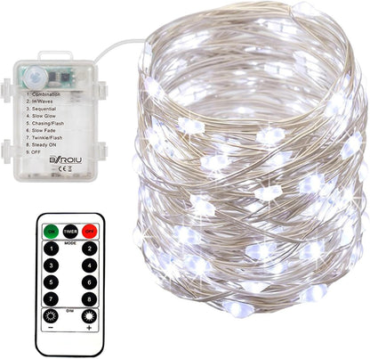 4 x Fairy Lights Battery Operated, Silver Wire Chains 8 Mode 5M 50 LEDs Timer String Lights with Remote Control for Bedroom Christmas Party Wedding Decoration