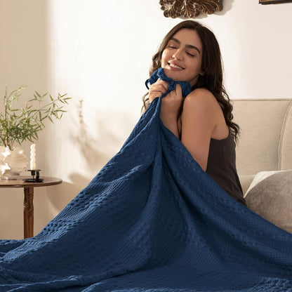 PHF Cooling Waffle Blanket Queen Size, Lightweight 60% Rayon Derived from Bamboo & 40% Cotton Breathable Blanket for Hot Sleepers, Soft and Luxury for Bed Couch and Sofa, 90"x90", Navy Blue