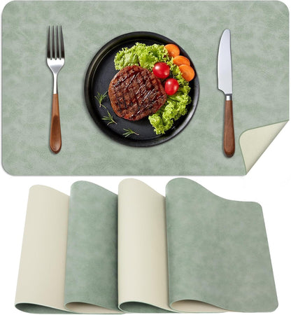 Faux Leather Placemats, Set of 4, 12''×17' Textures on Both Sides, Heat-Resistant, Waterproof and Oil-Proof, Reversible Place Mats for Kitchen, Dining Table, Outdoor - Green&White
