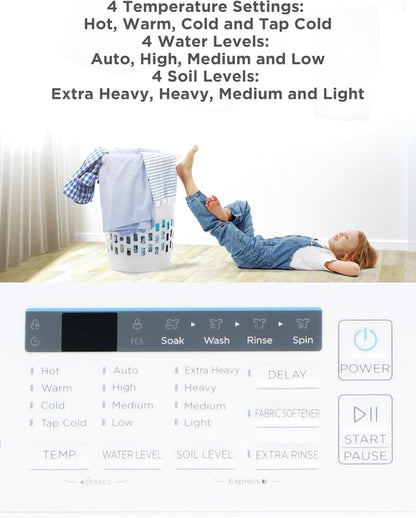 BLACK+DECKER 4.1 Cu. Ft. Top Loading Washing Machine with Agitator, Full Size Washing Machine with Glass Lid and Stainless Steel Tub, Machine with LED Display, 10 Wash Cycles, 120V, BTLW41MW, White