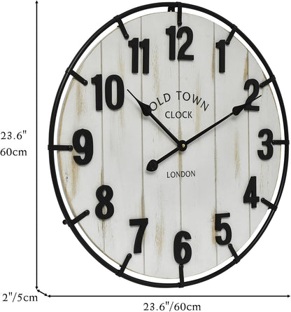 Large Old Town Farmhouse Wall Clock – 24 Inches Rustic Antique Wood with Metal Circle and Large Numerals, Silent Battery Operated Clock for Office, Kitchen, Bedroom, Living Room (Washed White)