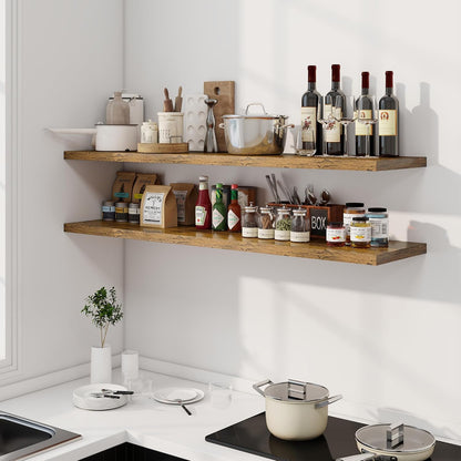 55" Floating Shelves for Wall, 12" Deep Slim Rustic Brown Floating Shelves, Wall-Mounted Shelves for Bedroom, Living Room, Kitchen, Bathroom - Set of 2