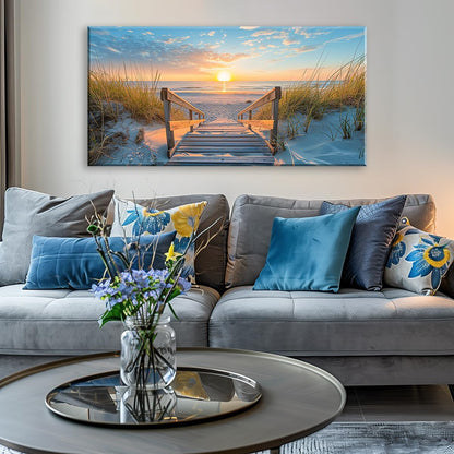 LASMOND Beautiful White Sandy Beach Pier by Seaside at Sunset Landscape Wall Art Decor Artwork for Bedroom Living Room (20x40 Inches)