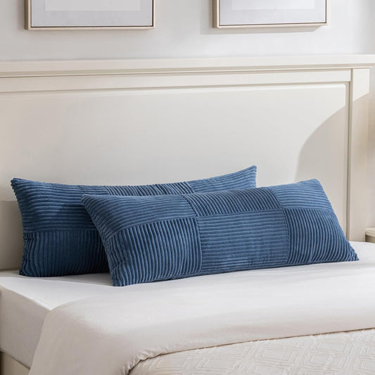 Fancy Homi Set of 2 Dusty Blue Boho Long Lumbar Body Decorative Throw Pillow Cover 14x36 Inch for Bed Couch Bedroom Bench, Soft Patchwork Corduroy Textured Pillow Case, Rustic Farmhouse Room Décor