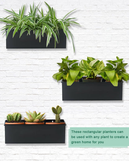 vensovo Metal Wall Hanging Planter Boxes – 12" Rectangle Flower Pots, 3 Pack with Drainage, Durable Galvanized Finish for Indoor Outdoor Balcony Fence Windowsill, Black