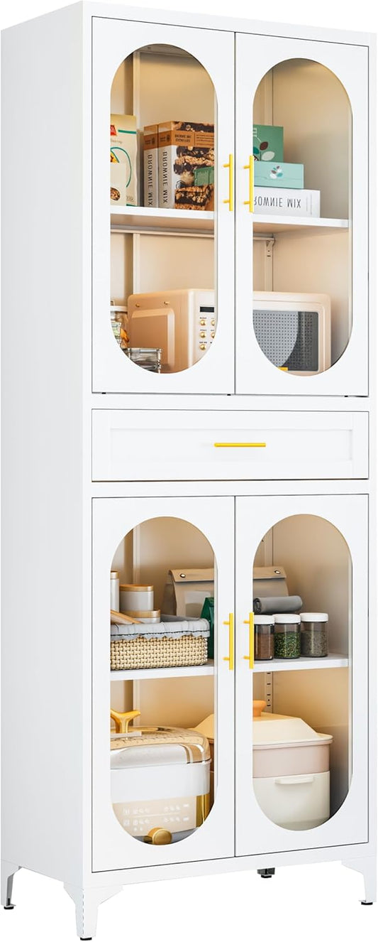 75” Tall Kitchen Pantry Storage Cabinet, Metal Storage Cabinet with 1 Drawer and Adjustable Shelves, Kitchen Pantry Cupboard, Freestanding Cupboard for Bathroom (White-4 Doors and 1 Drawer)