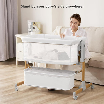 Baby Bassinet Bedside Sleeper, 3-in-1 Rocking Bassinet for Baby with 6-Level Height Adjustable, 4 Wheels & Breathable Mesh Walls, Portable Bedside Bassinet with Mattress for Newborn
