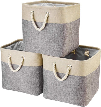 i BKGOO 3Pack Large Foldable Storage Bins，Collapsible Sturdy Cationic Fabric Organizing Storage Basket Cube with Cotton Handles for Home Office Shelf Clothes Toys Khaki-Grey 13×13×13 inch