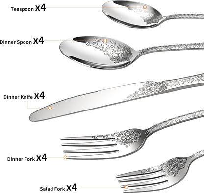 Floral 20 Pcs Silverware Set for 4, Food Grade Stainless Steel Flatware Set with Rose Flower Embossed Design, Eating Utensils Sets Include Fork/Knife/Spoon, Reusable Cutlery Set, Dishwasher Safe
