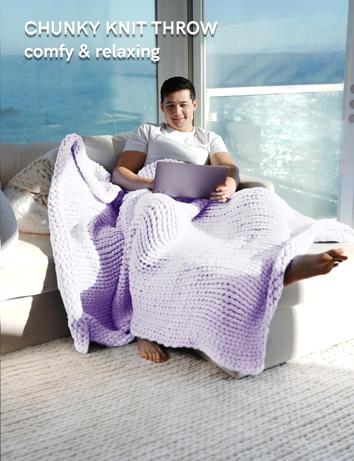 YnM Chunky Throw Blanket, Medium-Weight, Hand Knitted, Skin Friendly, Ventilated and Breathable, Machine Washable, Home Décor Piece for Couch, Sofa and Bed (Iris Lavender, 80x87 Inch)