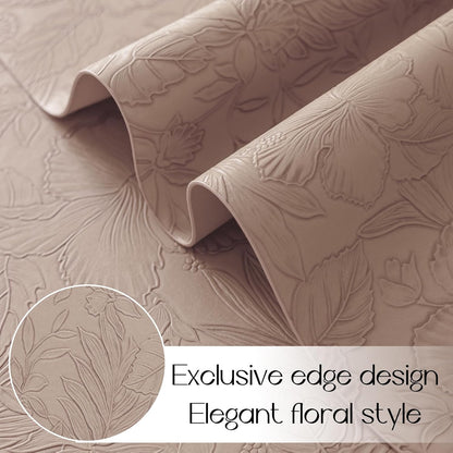 Romanstile Vinyl Placemats Set of 8-12 X 18 Inch - Heat Resistant Non-Slip Embossed Floral Place Mats 100% Waterproof Oilproof Wipeable Faux Leather Table Mats for Kitchen/Dining/Party, Khaki